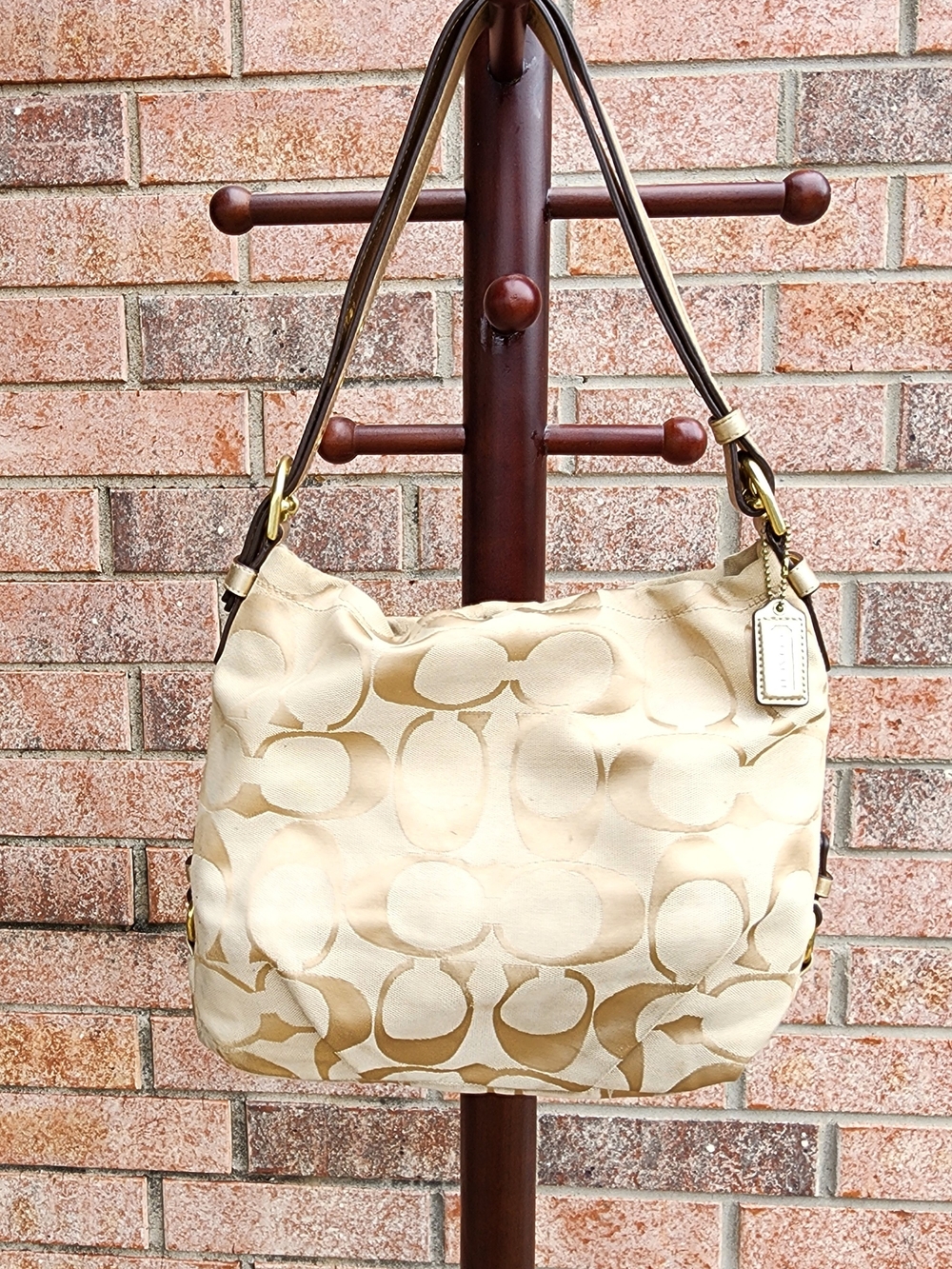 Coach Optic Signature Jacquard Carly Hobo Bag Gold Leather Trim Shoulder Bag